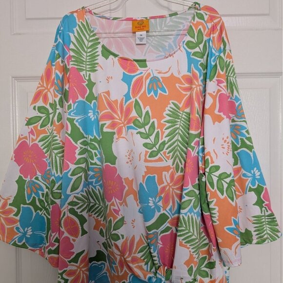 Ruby Rd Floral Shirt Womens Size 2X Green Colorful Tropical Stretch Waist Tie - Picture 2 of 10
